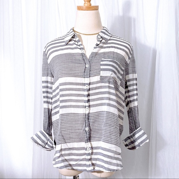 Light Grey Striped Blouse Shirt Thin Collared - Picture 6 of 10